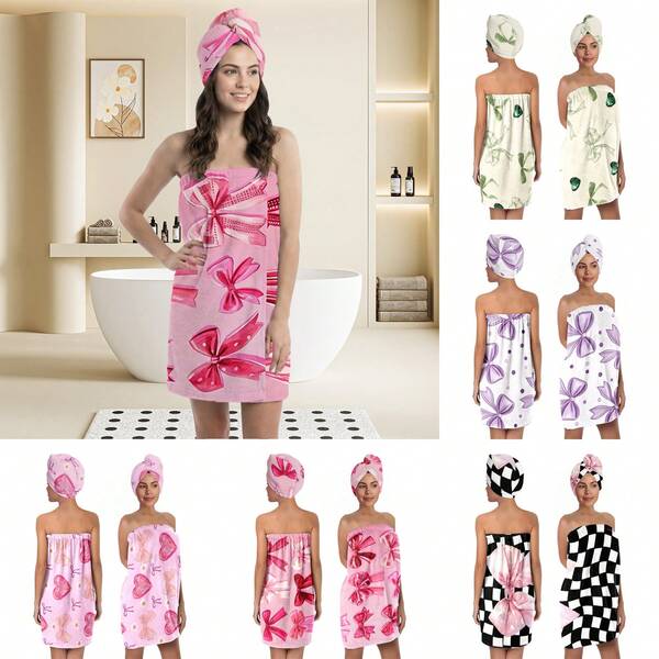 女士蝴蝶结浴裙和干发巾套装，粉色蝴蝶结浴袍和干发帽，速干吸水超细纤维SPA淋浴浴袍，可调节扣带，浴室家居沐浴宿舍海滩礼物
