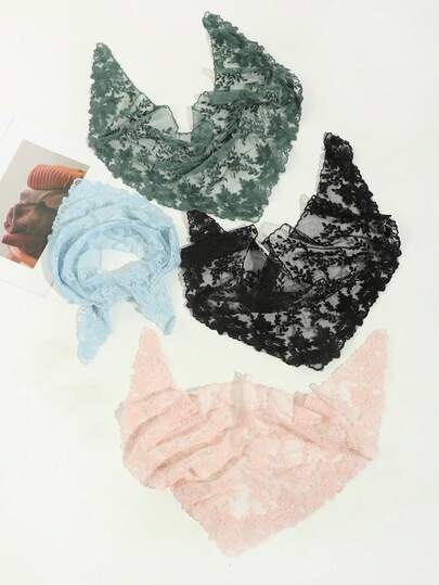 1条女士休闲优雅花叶图案蕾丝三角围巾，适合约会和休闲外出