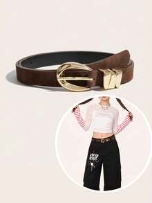 1件波西米亚风奶牛纹金色环扣腰带，时尚麂皮青铜扣儿童腰带，适合搭配连衣裙、裤子，日常穿着，派对，街头，校园，音乐节等场合。 - 咖啡棕 - 查看 7