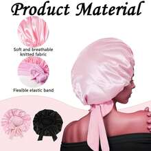 Awegeo 1 pieza Gorro de satén de unicolor con lazo para mujer, gorro de dormir de moda, cómodo, transpirable y antideslizante para uso en el hogar y diario, adecuado para peinados y cuidado del cabello - Negro - Ver 6