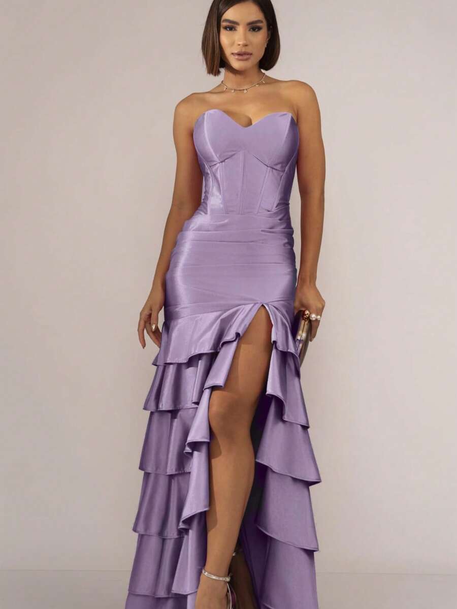 Simples    Festa    Plissado  Bainha com babado  Assimétrico    Formal e Noturno - Lilas - Visão 1