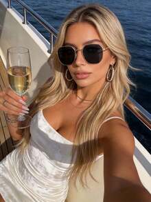 1pc Plastic Geometric Frame Retro Fashion Glasses, Suitable For Couple Street Style, Beach Accessories - 1 mảnh màu xám khung vàng - Xem 4