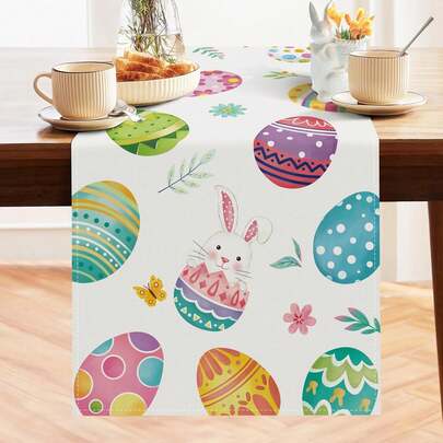 1PC Easter Egg Table Runner 33 X 183 Cm, Bunny Floral Spring Seasonal Holiday Kitchen Dining Table Decoration For Indoor And Outdoor Home Party Decor