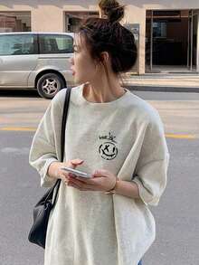 Japanese Style Women Loose Fit Round Neck Casual Versatile Letter & Skateboard Print Short Sleeve T-Shirt, Spring/Summer - Light Gray - View 3