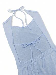 Women's Casual Beach Vacation Elegant Minimalist Sexy Halter Backless Tie Waist Beaded Bodycon Mini Dress, Spring/Summer - Blue - View 8