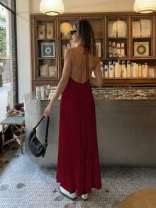 2026 Frühling/Sommer Neue modische elegante Casual Pendler Alltag Urlaub Reise Tee Party Rückenfreies Plissee Kleid, geeignet für Valentinstag, Party, Neujahr - Bordeaux - Übersicht 6