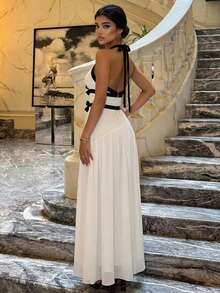 Women's Elegant White Halter Maxi Dress, Chic Contrast Black Bow Detail Evening Gown, Sophisticated 2026 Spring Occasion Wear - Black and White - View 2