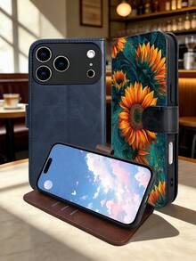 Vibrant Sunflower Art Floral Design, Premium Durable Flip Wallet Phone Case, Compatible With IPhone 16,15,14,13,12 Pro Max,11, With Foldable Stand And Credit Card Slots, Water-Resistant, Shockproof, Drop-Proof, Scratch-Resistant, Full Coverage Protection, Compatible With IPhone 17/17 Pro/17 Pro Max/17 Air. - Blue - View 7