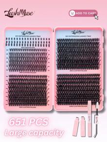 651/1302pcs Cluster D Curl Lash High Capacity DIY Eyelash Extensions Book, Suitable For Beginner, Lower Lash+30D+50D+80D+100D Individual Lashes, Mixed Style Lash Clusters Extensions, Russian Volume Lashes - Black - View 7