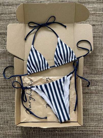 New Elegant Navy Style Blue & White Striped Animal Print Bikini Set, Sexy Tie-Up High Waist Swimsuit, Suitable For Beach Vacation, Pool Leisure And Beach Outing. Classic Sailor Style Perfectly Combined With Modern Sexy Elements, Great For Shooting Insta-Worthy Photos, Resort Pool Parties And Summer Music Festivals.