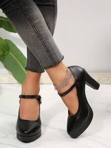 Women's High Heels, Elegant Chunky Heels, Suitable For All Seasons, Round Toe, Non-Slip Heel, Adjustable Ankle Strap, Fashionable High Heels For Work, Business Banquets, Comfortable And Not Tiring On The Feet. - 黑色 - 查看 4