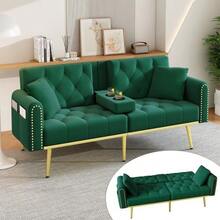 Canapé-lit double convertible avec fonction inclinable, trois positions d'inclinaison et porte-gobelets. Idéal pour le salon, la chambre, la salle de cinéma maison ou la chambre d'amis. Revêtement en tissu. Vert. - Vert sapin - Voir 1