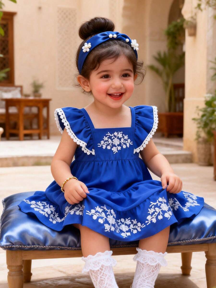 女婴及幼儿甜美藏蓝色优雅花卉刺绣层叠荷叶边吊带连衣裙 - 寶藍色 - 查看 1