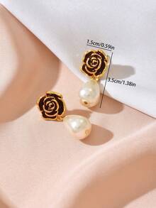 一对法式玫瑰花和仿珍珠吊坠耳环，婚礼/情人节女士礼物 - 彩色 - 查看 6