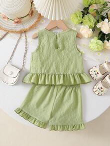 Baby Girls' Cute Solid Color Round Neck Sleeveless Ruffled Hem Floral Vest Top And Ruffled Hem Shorts 2-Piece Outfit, Suitable For Spring/Summer Daily Wear - Green - View 2