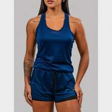 Conjunto Feminino Academia Short 2em1 com Bermuda compressão e Regata Nadador Fitness Corrida Treino - Azul Marinho - Visão 9