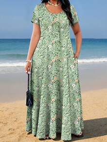 Plus Size Women's Fashion Ditsy Floral Casual Vacation Dress With Pockets Summer Elegant - Green - View 1