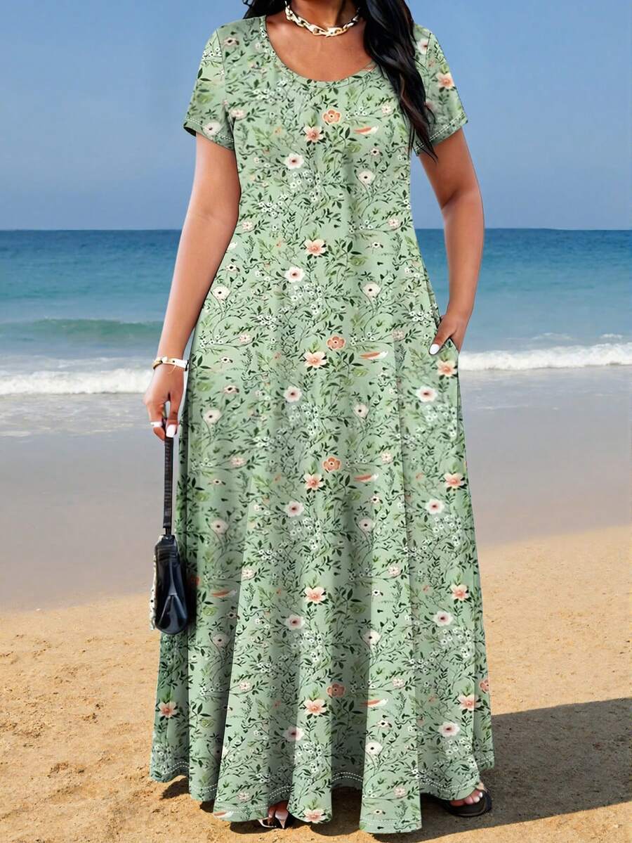 Plus Size Women's Fashion Ditsy Floral Casual Vacation Dress With Pockets Summer Elegant - Green - View 1