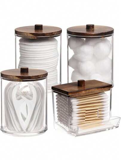 4/Pcs Qtip Bathroom Vanity Clear Storage Box With Lid For Round Balls And Swabs, Makeup Round Pad Jar, Bathroom Container, Transparent Desktop Storage Box For Makeup Round Pads, Cosmetics And Bedroom Supplies