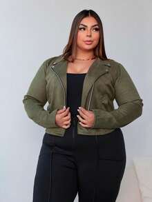 Jaqueta feminina casual elegante de camurça com zíper, mangas regulares na altura do pulso e gola decotada - Verde Militar - Visão 1