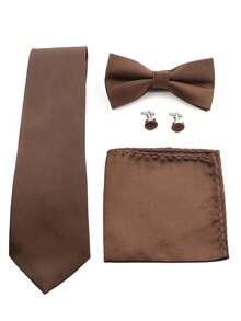 ZONFAZ 4pcs Men's Business Minimalist Solid Ribbed 8cm Necktie, Bow Tie, Pocket Square & Cufflinks Combo Set, Suitable For Weddings, Parties And Daily Commute - Brown - View 3