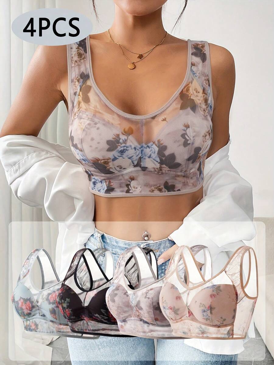 Recomendado (4 Piezas Colores Mixtos) Sujetador de Encaje de Malla, Sujetador de Cobertura Completa Cómodo y Transpirable, Ropa Interior y Lencería para Mujeres, Top de la Temporada - Colores mixtos - Ver 1