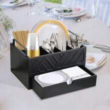 Dispensador de platos de papel con cajón, soporte de platos de papel para la encimera de la cocina, cesta rústica de madera para cubiertos y utensilios, organizador de cubiertos y vajilla para tazas, cucharas, tenedores, platos, servilletas, accesorios de cocina negros - Negro - Ver 2