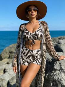 3-Piece Bikini Set: Kimono, Shorts, Top, Beach Cover-Up - Brown - View 1