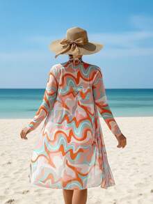 3-Piece Bikini Set: Kimono, Shorts, Top, Beach Cover-Up - Orange - View 3