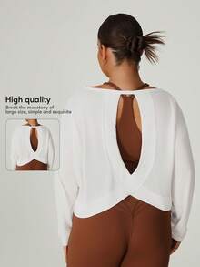 Plus Size Women Lightweight Breathable Backless Casual Fitness Sports Long Sleeve T-Shirt Cover Up Top White Spring - White - View 2