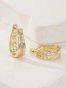 1 Pair Elegant Luxury Copper Hollow Pattern Cubic Zirconia Inlaid Women's Earrings, Suitable For Any Occasion, Perfect Holiday Gift For Her - Gold - View 6