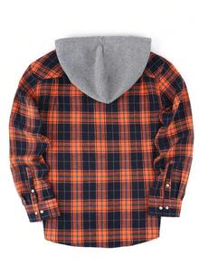 1pc Men's Plaid Button-Up Hooded Long Sleeve Shirt, Regular Fit, Dual Chest Pockets, Casual Outdoor Shacket - Orange - View 3