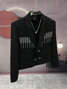 2026 New Spring/Autumn Off-Shoulder Streetwear Design Blazer, Men's Padded Shoulders Short Starry Sky Top - 黑色 - 查看 2
