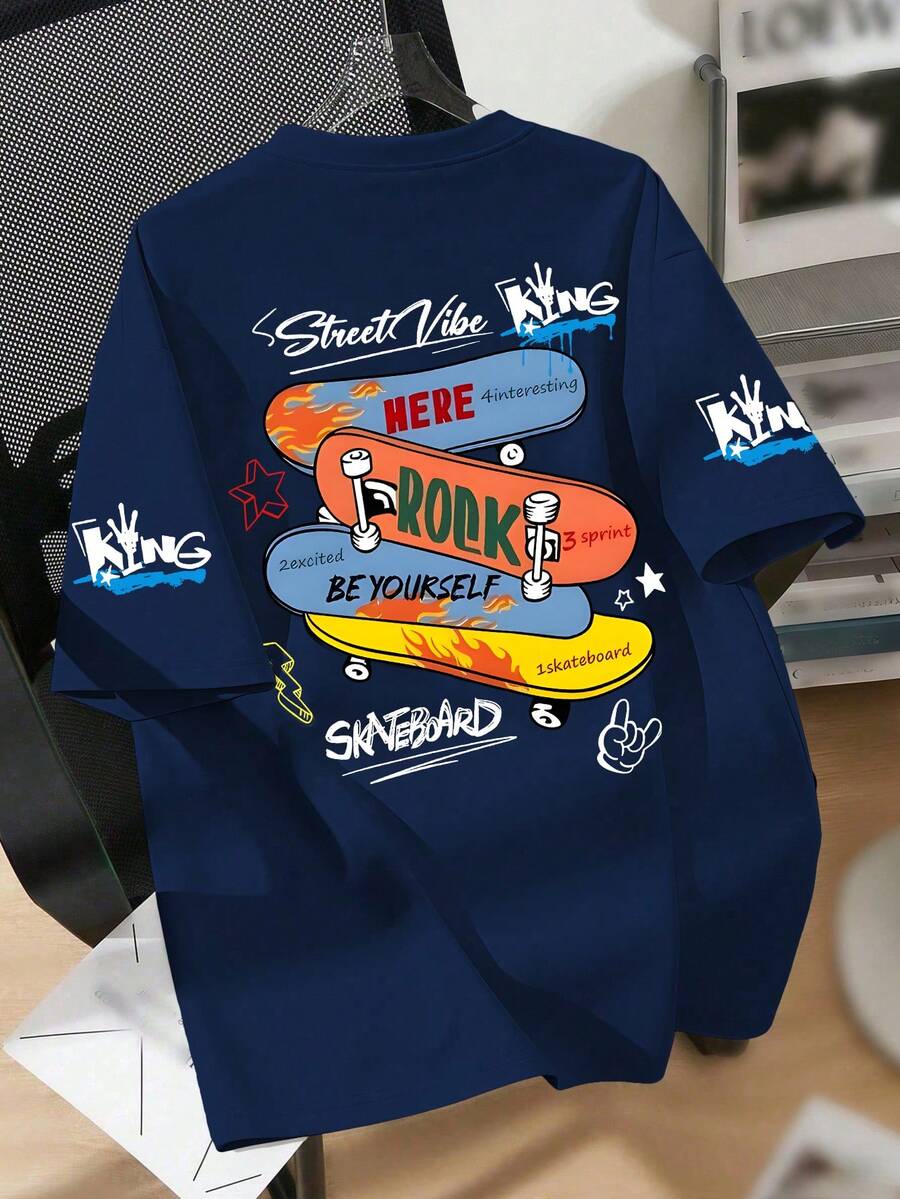 青少年男童滑板印花圆领T恤，夏季休闲柔软上衣 - 藏蓝色 - 查看 1