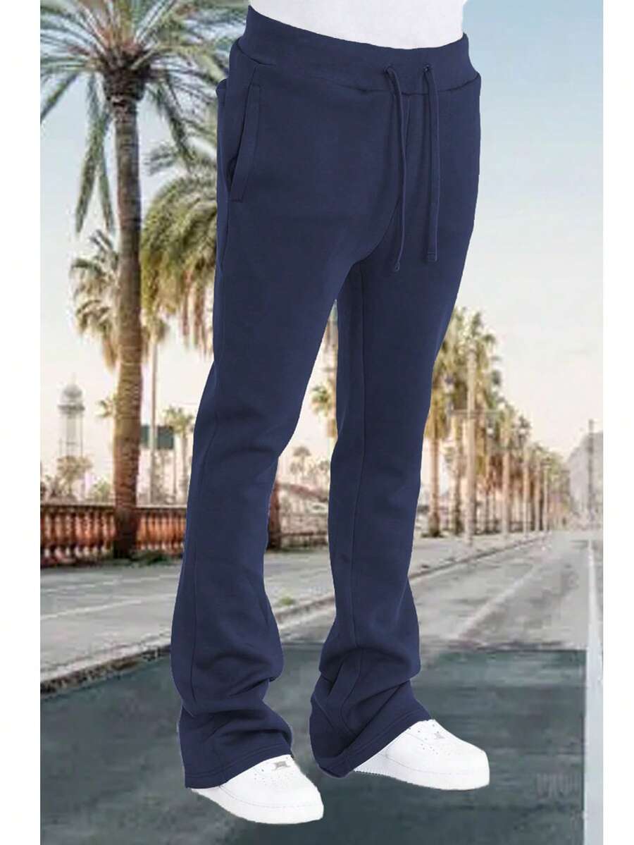 Mens Casual Tech Fleece Solid Stacked Sweat Pants - Navy Blue - View 1