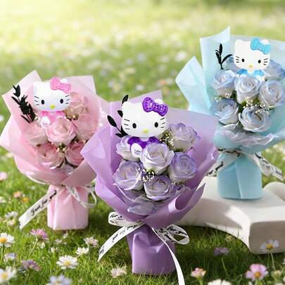 三丽鸥仿真玫瑰花束，Hello Kitty桌面装饰假花，无需浇水，易于养护，Hello Kitty新娘捧花，适用于婚礼摄影，可重复使用，适合圣诞节、情人节、母亲节等节日。