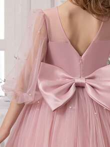 少女粉色手工串珠蝴蝶结薄纱优雅圣诞派对礼服，公主裙，适合女孩生日派对、青少年舞会、花童婚礼伴娘礼服、感恩节、毕业典礼等场合穿着 - 粉色 - 查看 5