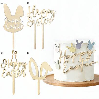 1pc/3pcs Wooden Easter Cake Topper, Rabbit Ear & Rabbit Shaped Cake Decor, Rustic Easter Party Supplies