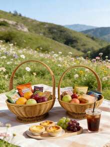2pcs Handwoven Willow Picnic Basket With Handle, Lined Interior Suitable For Daily Storage, Multipurpose Basket Great For Kitchen, Outdoor Activities, Visits, Gifts And Decoration, Sturdy And Space-Saving - Basket - View 5
