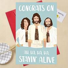 1pc "Nostalgic Bee Gees 'Congrats On Stayin' Alive' Birthday Card"Cheerful Celebration Card – Soft Sky Blue Backdrop, Stylized Illustration Of The Bee Gees In Iconic White Outfits, Humorous "Stayin' Alive" Lyric Pun, Birthday Card With Envelope, Blank Inside For Personal Notes, Perfect Gift For Bee Gees Fans, Music Lovers, Friends & Family To Celebrate Birthdays With Nostalgic, Playful Charm, Delightful Card Blending Retro Art & Festive Humor - Single Piece - View 5