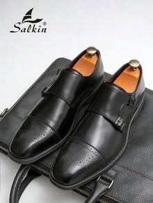 Pantofi eleganți bărbătești cu vârful ascuțit, design vintage Brogue, cu bareta Monk, pantofi eleganti formali pentru gentleman, potriviți pentru persoane de vârstă mijlocie, tineri, studenți, întoarcerea la școală, ceremonii de absolvire, birou, afaceri, petrecere, nuntă, mire, primăvară/vară/toamnă, mărime mare - Negru - Vizualizare 8