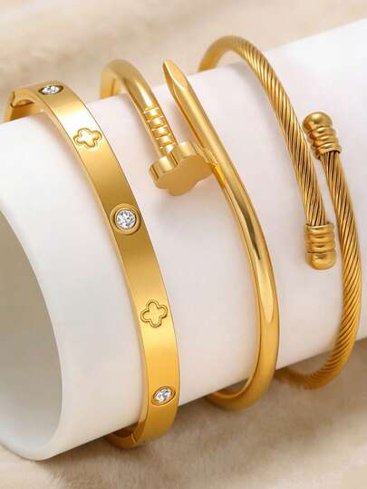 Vintage Minimalist Nail Four-Leaf Clover Zirconia Braided Bracelet For Women, Everyday Wear