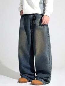 1pc Casual Loose Fit Straight Leg Jeans, Unisex Couple Style - Dusty Blue - View 3