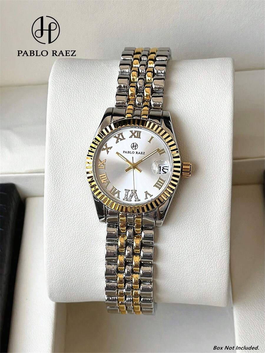 Pablo Raez 1件装 18K金女士腕表，经典奢华，女士腕表，原装正品，魅力十足，高品质，永不褪色，时尚不锈钢表壳，优雅齿轮造型，镶嵌水钻，罗马数字刻度，50米防水，简约风格，优雅休闲石英表