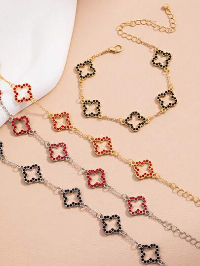 1pc Cute Rhinestone Clover Bracelet, Multi-Color Options, Fashionable Accessory To Match Outfits