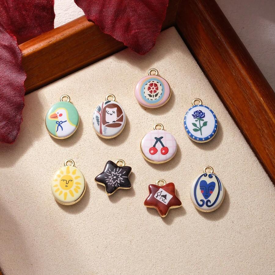1pc Cute Cartoon Series DIY Jewelry Pendant, Cat/Butterfly/Flower/Horseshoe Oil Drop Elements, Macaron Color Double-Sided Girly Versatile Pendant - Other - View 1