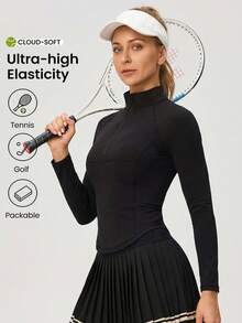 Never me Áo thun dài tay ôm dáng chuyên nghiệp dành cho nữ, cổ cao, khóa kéo nửa thân, áo thể thao tennis, trang phục thường ngày thoải mái. - màu đen - Xem 2