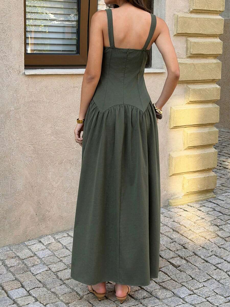 Look Polly Women's Summer Vacation Dress, Thick Strap Backless Sexy Dress, Suitable For Beach, Vacation, Birthday Party, Commuting - Army Green - View 1