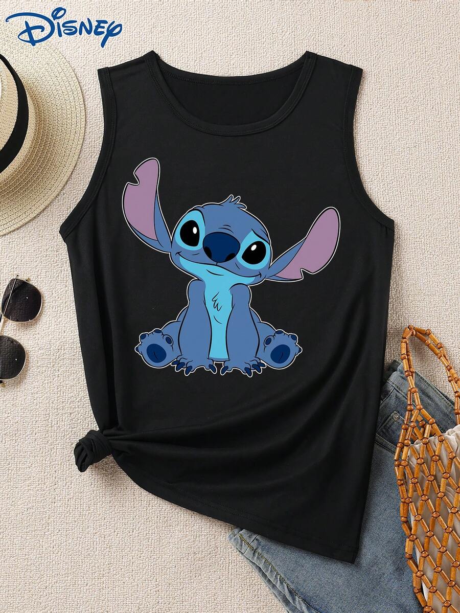 Disney Stitch Graphic Print Women's Tank Top, Fashion Casual Round Neck Stretchy Camisole, Easy Care Fabric, Suitable For Daily Wear - Black - View 1