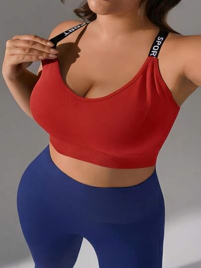 1pc Plus Size Women's Seamless Solid Color Casual Fashion Contrast Letter Adjustable Strap Sports Bra, Comfortable Good Support Wireless Yoga Bra, Suitable For Fitness And Exercise